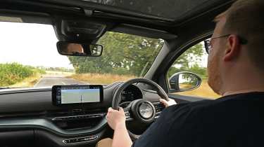 Fiat 500e Giorgio Armani Collector&#039;s Edition - interior, car being driven by Auto Express news reporter Ellis Hyde 