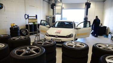 Volkswagen Golf Mk7 in tyre-fitting workshop