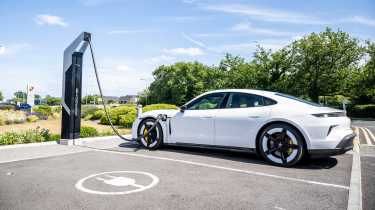 Porsche Taycan Turbo S plugged into charging station