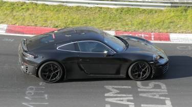 Porsche Cayman EV at Nurburgring (camouflaged) - side