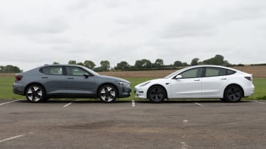 Polestar 2 and Tesla Model 3 – face–to–face static