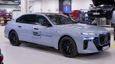 BMW i7 prototype with solid state battery - front angled in the workshop