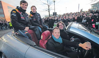 Red Bull Racing victory parade with Mark Webber and Christian Horner