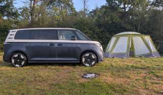 Volkswagen ID. Buzz LWB long-term - side of car with tent