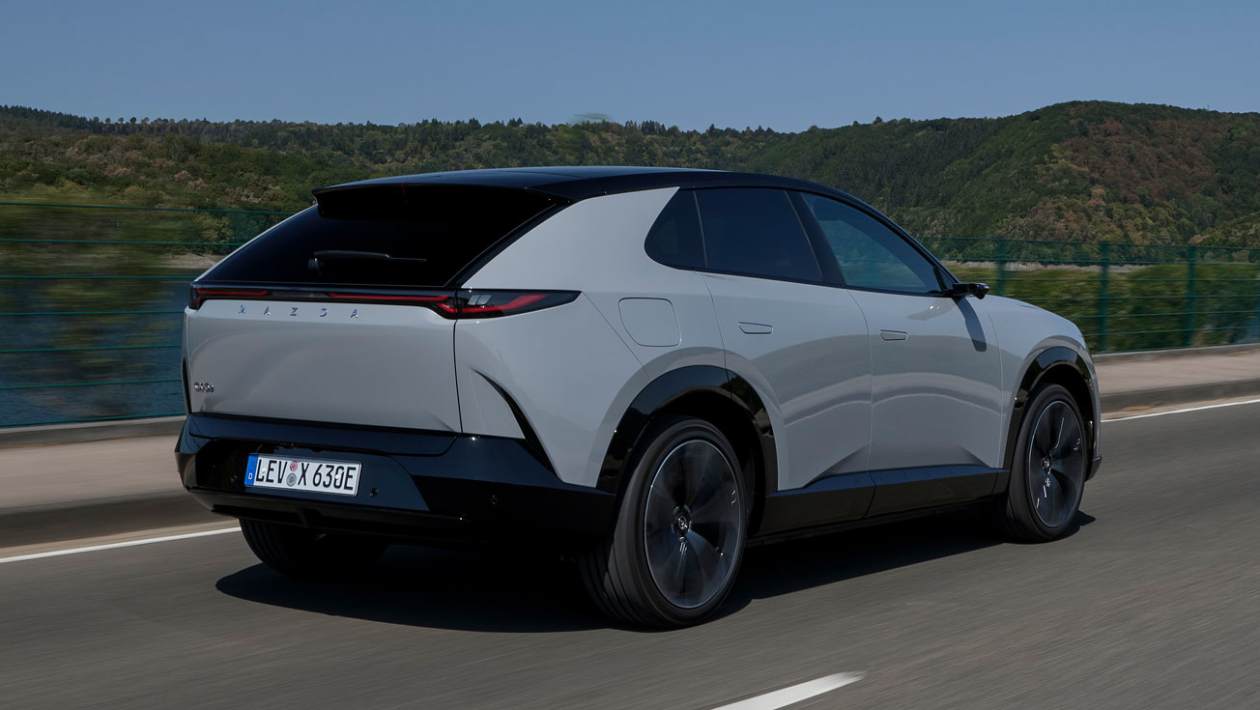 Mazda CX-6e rear three quarter view with LED tail lights
