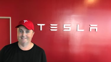 Tesla Factory Tour - steve with sign