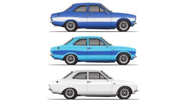 MST Ford Escort - side profile of white, light blue and mid-blue