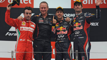 Fernando Alonso, Jonathan Wheatley (Red Bull Team Manager), Sebastian Vettel and Mark Webber