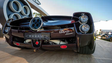 Pagani Utopia Roadster on display at 2024 Monterey Car Week - rear 3/4 static