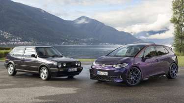 Volkswagen ID.3 GTX Fire and Ice special edition parked next to a Mk2 Volkswagen Golf Fire and Ice edition 