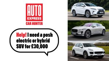 Auto Express Car Hunter graphic - &#039;Help! I need a posh electric or hybrid SUV for £30,000&#039;