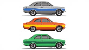MST Ford Escort - side profile of orange, green and grey