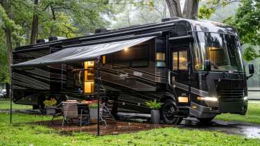 American RV parked in campsite