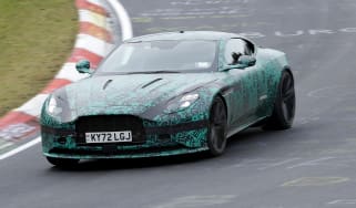 Aston Martin DB12 spy shots Nurburgring front corner