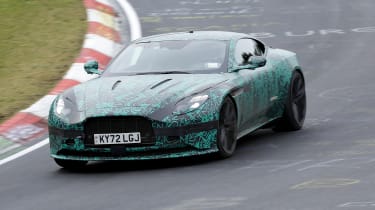 Aston Martin DB12 spy shots Nurburgring front corner