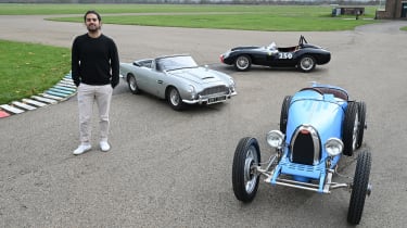 Auto Express senior staff writer Jordan Katsianis standing with the Little Car Company Bugatti, Aston Martin and Ferrari