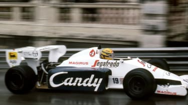 Ayrton Senna drives the Toleman-Hart to second in a rain-soaked 1984 Monaco Grand Prix