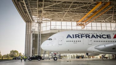 Porsche Cayenne pulls Airbus A380 - side hangar