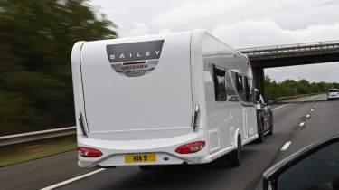 EV tow test - rear of caravan on motorway