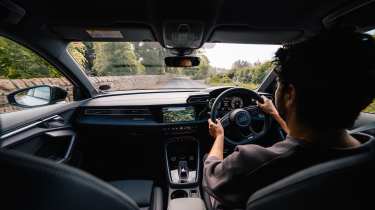 New Audi A3 TFSIe plug-in hybrid - interior, car being driven by Auto Express senior staff writer Jordan Katsianis