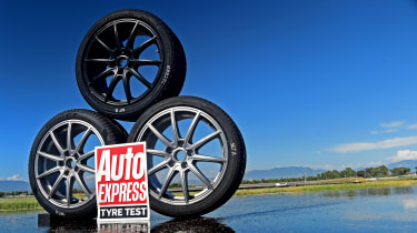 Three wheels stacked behind Auto Express tyre test logo