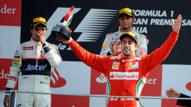 Sergio Perez, Lewis Hamilton and Fernando Alonso on the podium