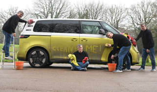 Auto Express editor Paul Barker cleaning the Volkswagen ID. Buzz