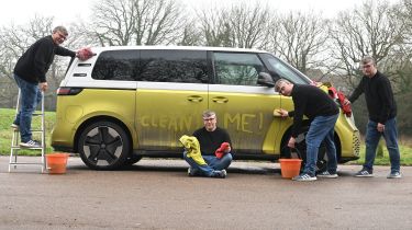 Auto Express editor Paul Barker cleaning the Volkswagen ID. Buzz