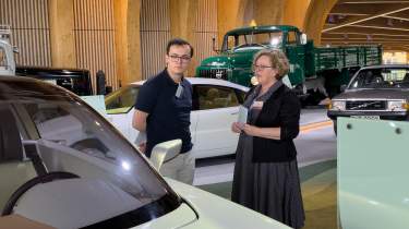 Auto Express consumer reporter Tom Jervis talking to a member of staff at the World of Volvo museum