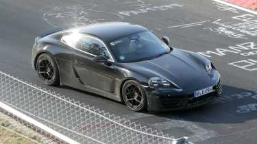Porsche Cayman EV at Nurburgring (camouflaged) - front cornering