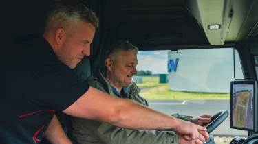 MAN eTGX truck test: Chris Rosamond receives instruction from Dan Lester