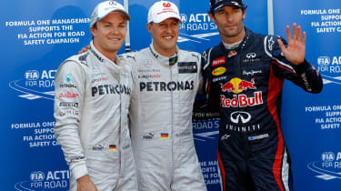 Nico Rosberg, Michael Schumacher and Mark Webber