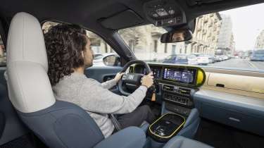 Fiat Grande Panda La Prima - interior, car being driven by Auto Express senior staff writer Jordan Katsianis