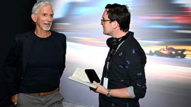 Auto Express consumer reporter Tom Jervis interviewing F1 champion Damon Hill