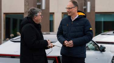 Auto Express editor Paul Barker speaking to Polestar chief executive Michael Loscheller