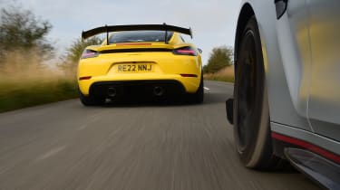 BMW M4 CSL and Porsche 718 Cayman GT4 RS - rear tracking (Porsche leading)