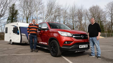 Caravan towing lesson - Chris Rosamond and Matt Price stood with Ssangyong Musso with caravan connected