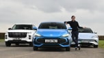 Auto Express consumer reporter Tom Jervis standing by a selection of Chinese cars