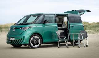 VW ID. Buzz with the Good-Night package - front 3/4 open with furniture