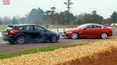 Ford Focus ST vs Jaguar XFR stunt test