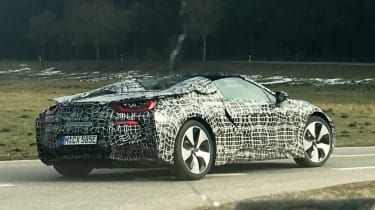 2018 BMW i8 Roadster spy shot rear quarter