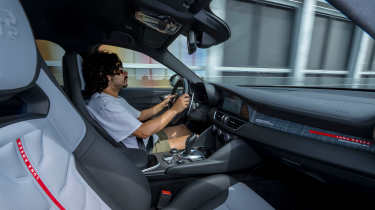 Auto Express news edtior Jordan Katsianis driving the Alfa Romeo Giulia Quadrifoglio Luna Rossa
