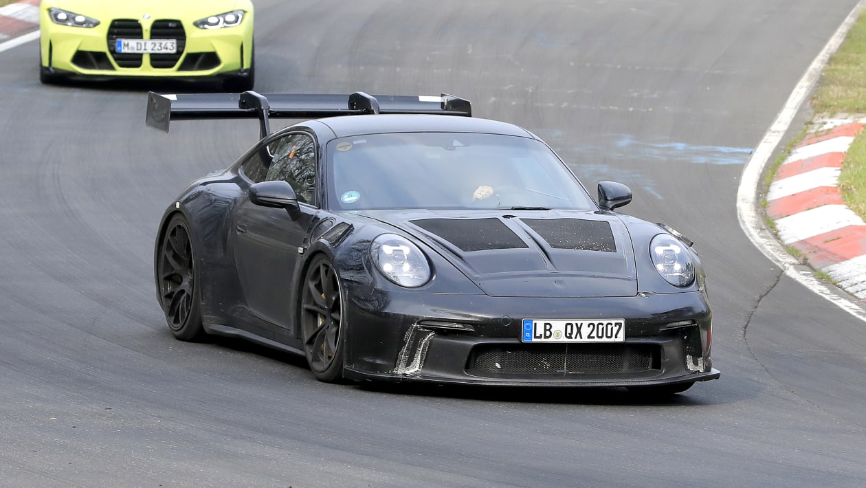 New 22 Porsche 911 Gt3 Rs Spied At The Nurburgring With Huge Rear Wing Auto Express