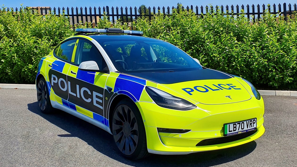 aria-label="Tesla Model 3 police car front"