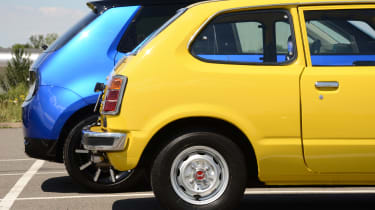  Mk1 Civic and Honda e - offside rear quarters