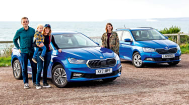 Dawn Grant and family with two Skoda Fabias