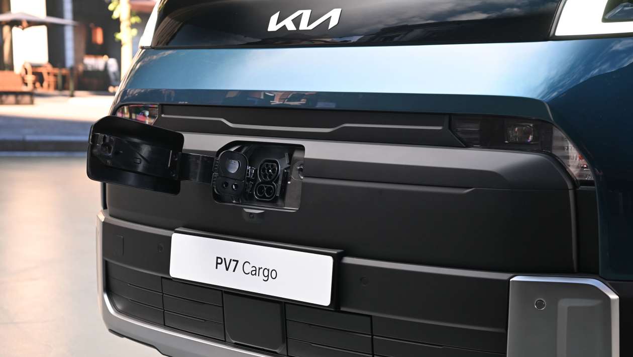 Kia PV7 Cargo front detail showing design and charging area