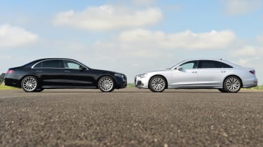 Audi A8 vs Mercedes S Class - both cars static face-off