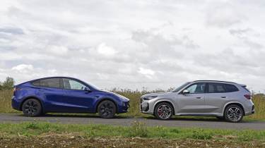 Tesla Model Y and BMW iX1 - side shot 