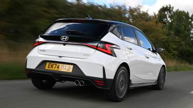 Hyundai i20 being driven in the UK - rear tracking 